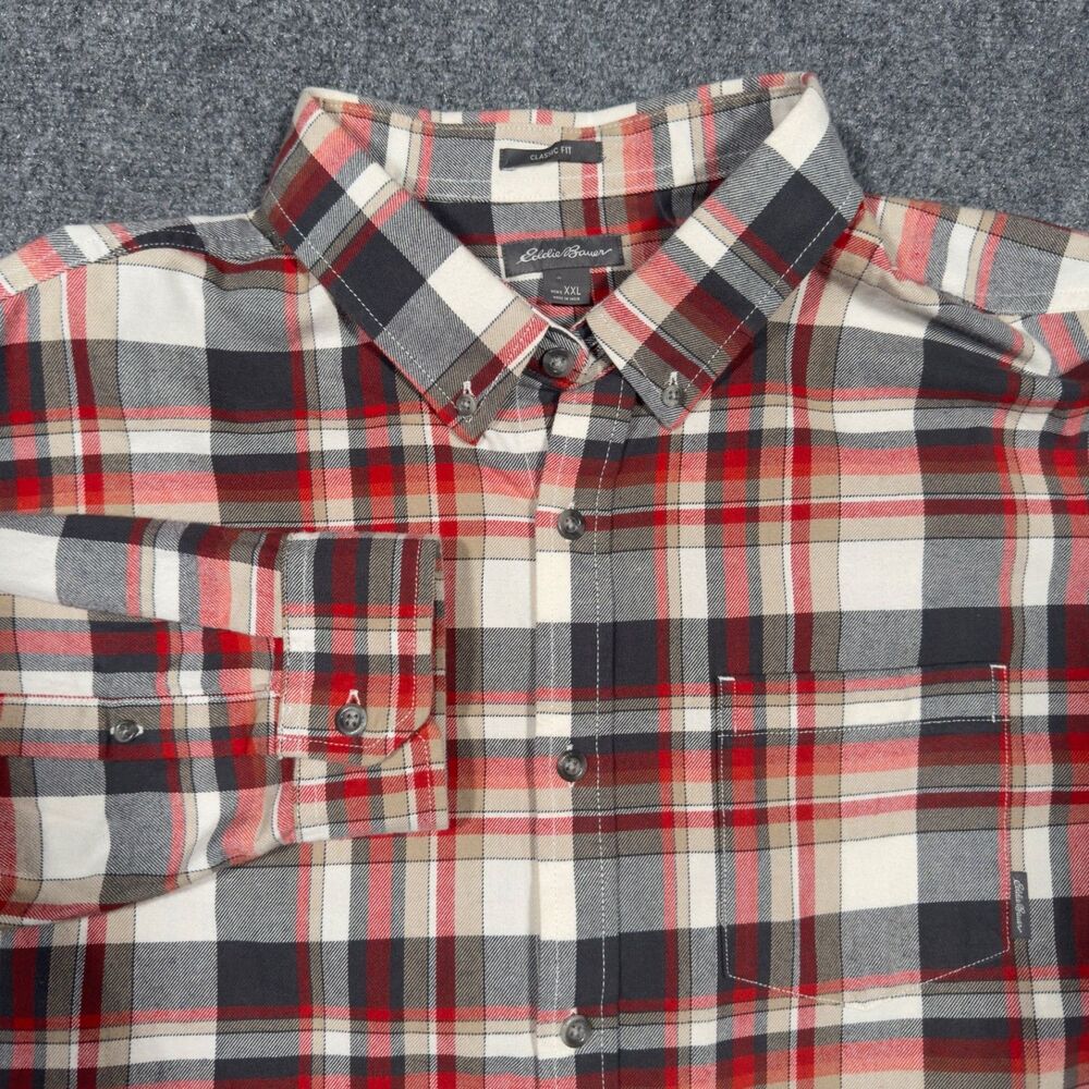 Eddie Bauer Heavyweight Flannel Long Sleeve Button Red Black Tan Shirt XXL 2XL